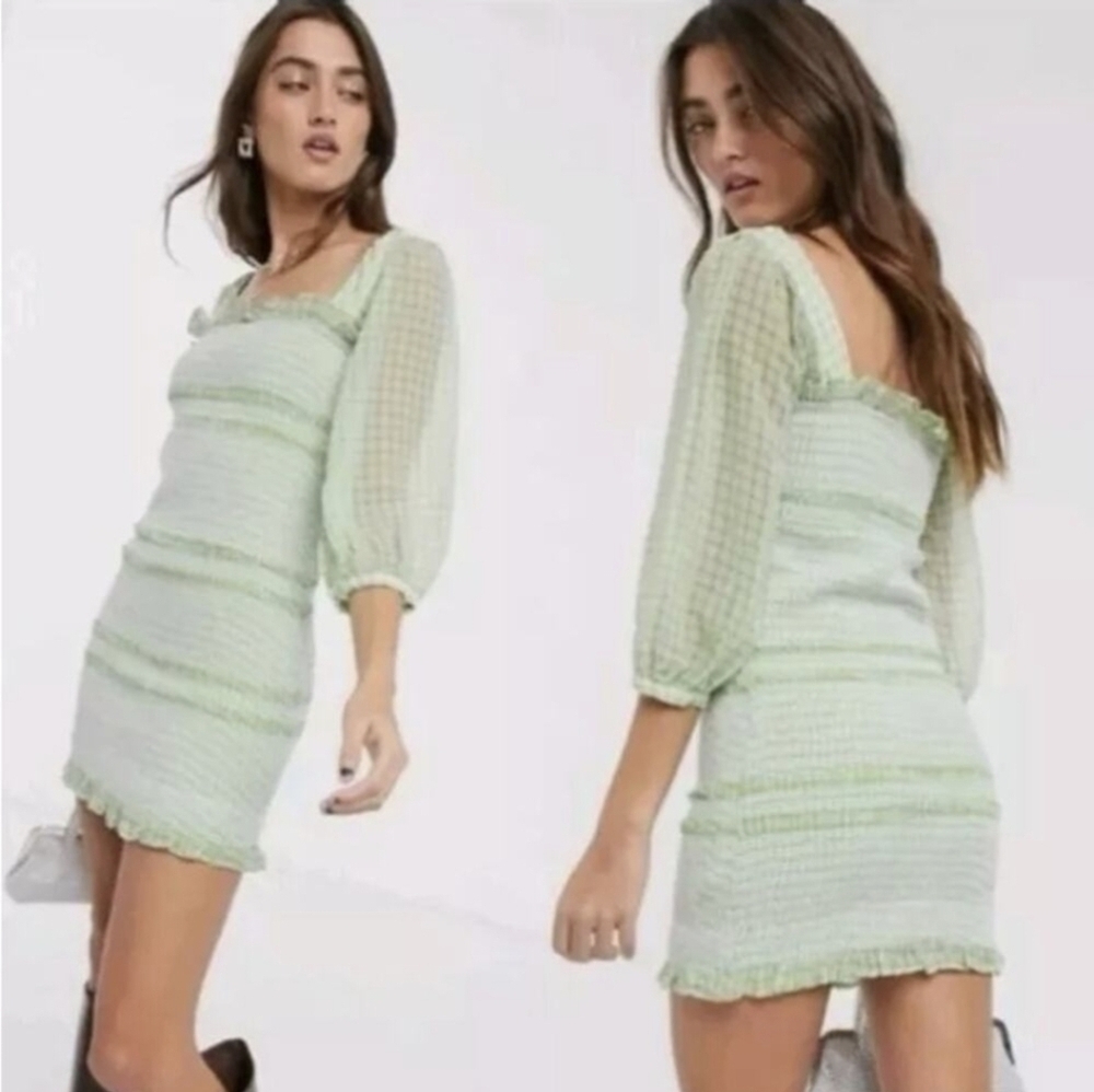 Capulet Siobhan Checked Smocked Mini Dress Kiwi Gigham Green Puff Sleeve White L